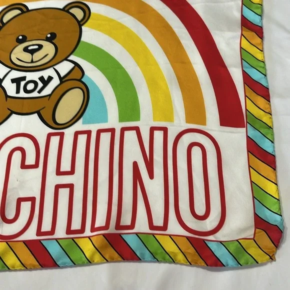 Moschino Rainbow Toy Bear Scarf Silk made in Italy 20in x 20in NWT - Picture 6 of 8